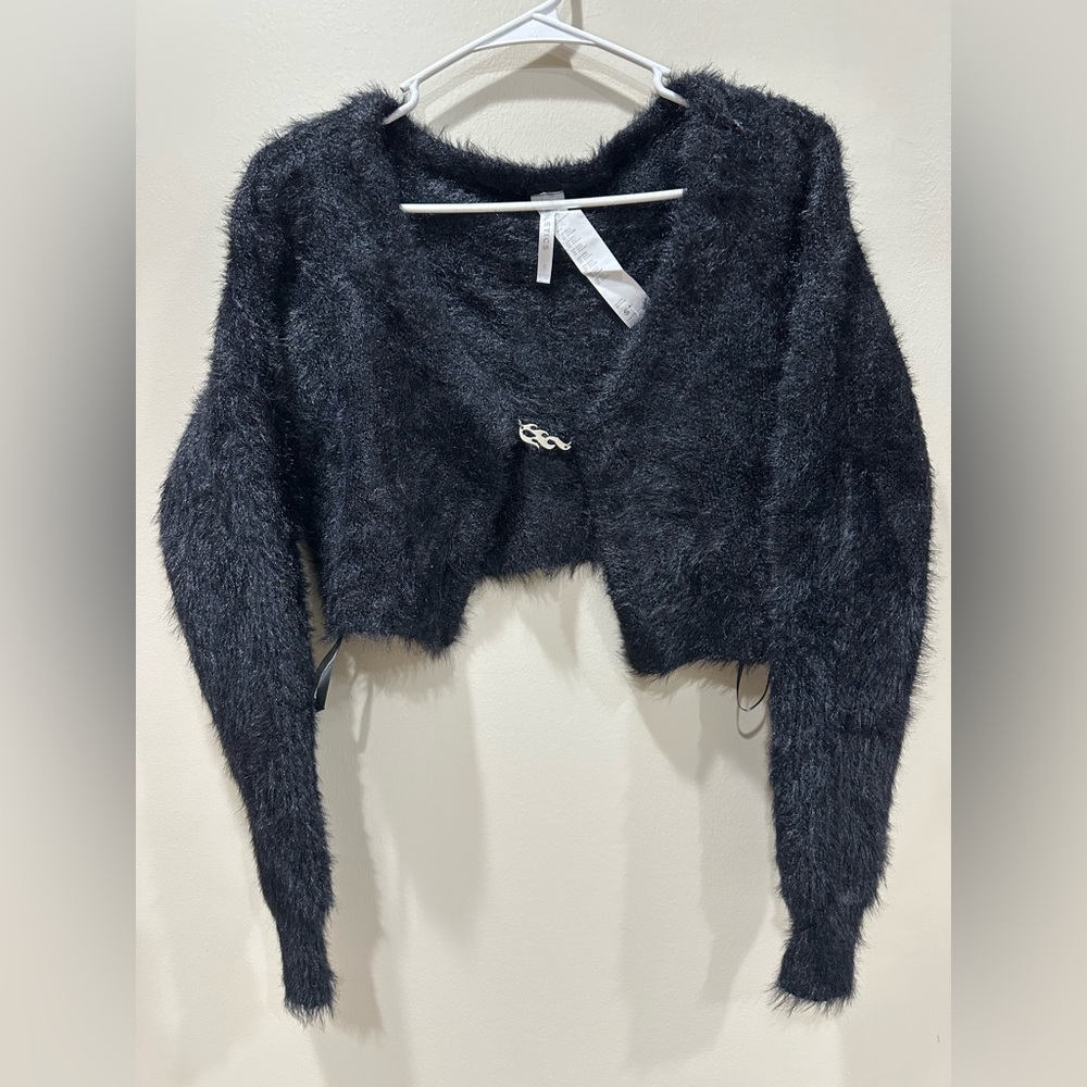 Fabletics Mini Cropped Black Fuzzy Cardigan